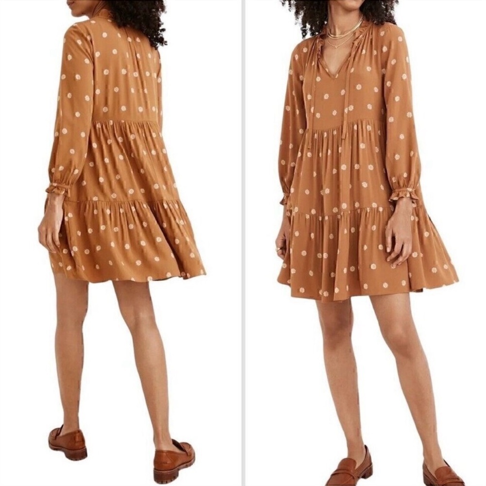 Madewell EUC Tiered mini dress Bloom Dot Warm Hickory size large boho festival